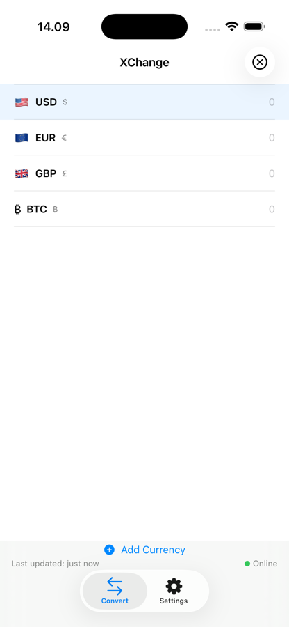 XChange main currency list on iPhone