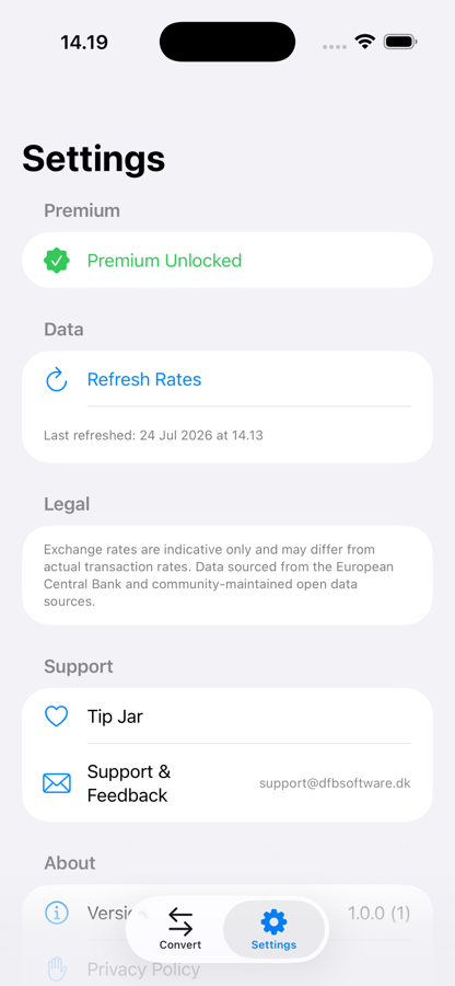 XChange settings screen