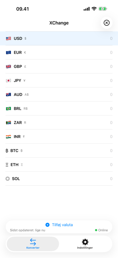 XChanges hovedliste over valutaer på iPhone