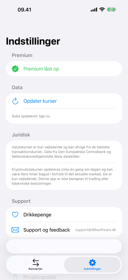 XChanges indstillingsskærm