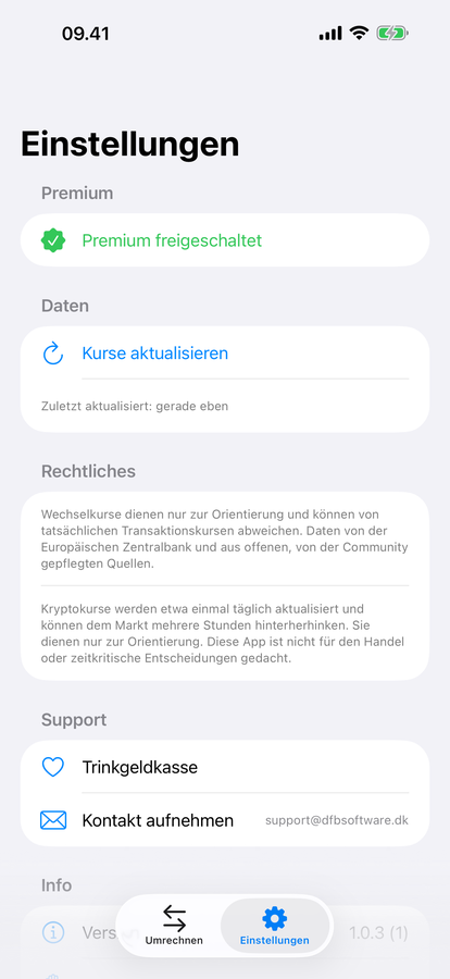 Der Einstellungsbildschirm von XChange