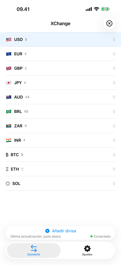 Lista principal de divisas de XChange en el iPhone