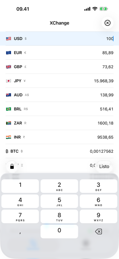 Introducción de un importe para convertir en XChange, con la calculadora bloqueada en la versión gratuita