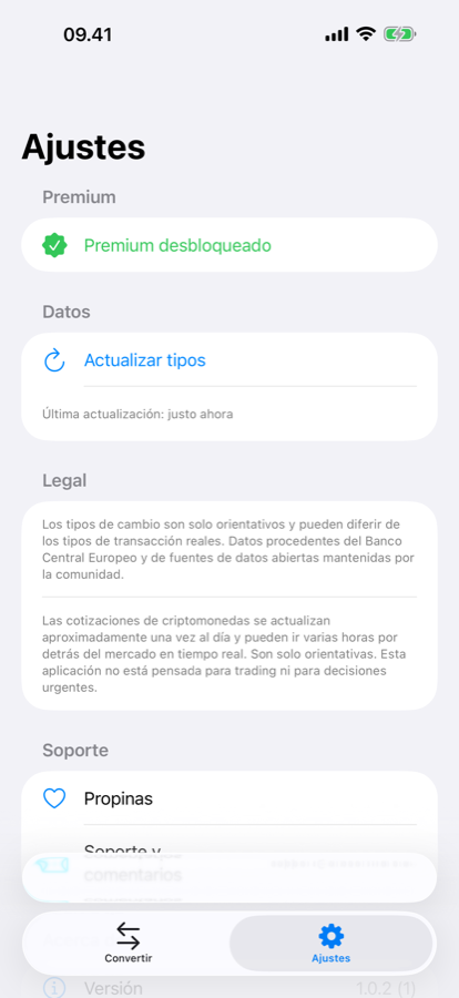 Pantalla de ajustes de XChange