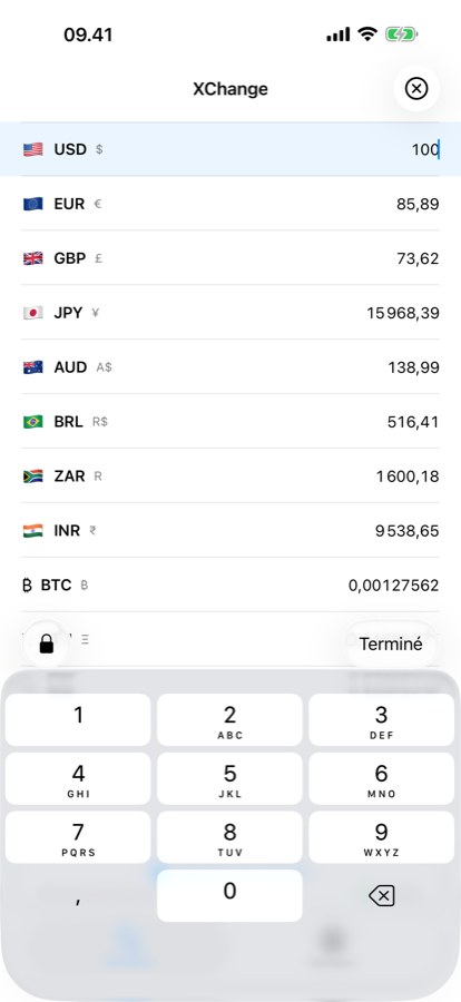 Saisie d'un montant à convertir dans XChange, avec la calculatrice verrouillée dans la version gratuite