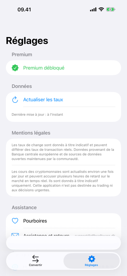 Écran des réglages de XChange