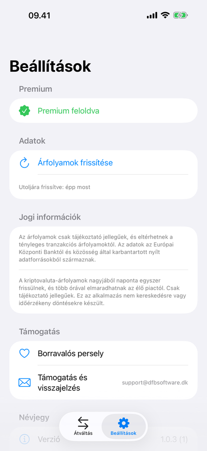 Az XChange beállítási képernyője