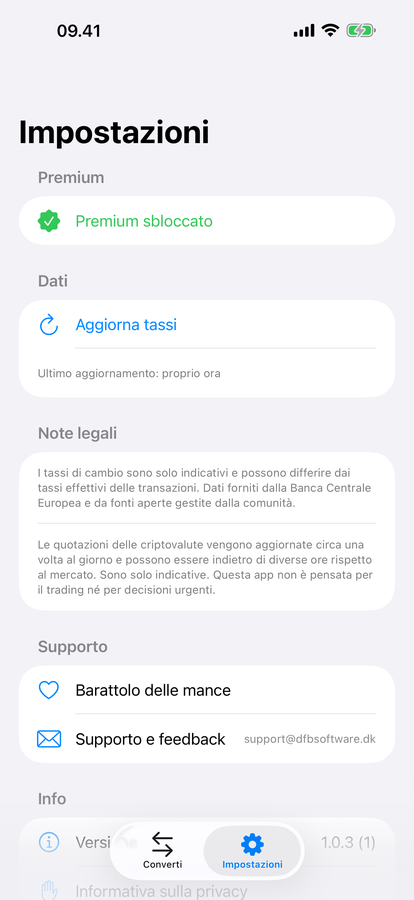 Schermata delle impostazioni di XChange