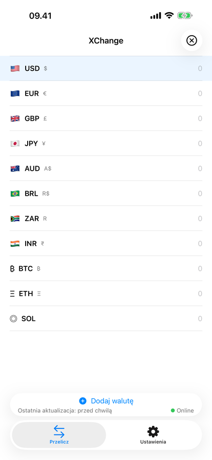 Główna lista walut XChange na iPhonie