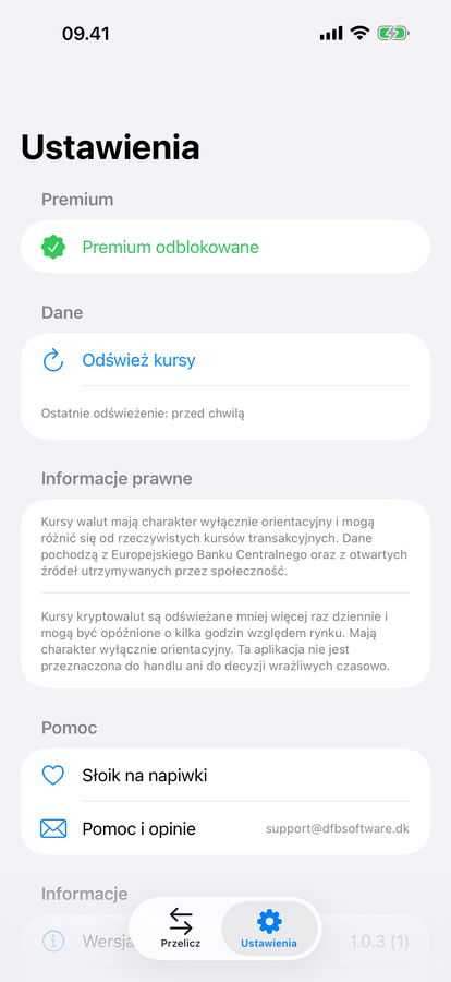 Ekran ustawień XChange