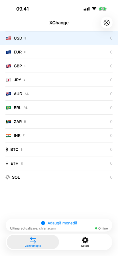 Lista principală de valute XChange pe iPhone