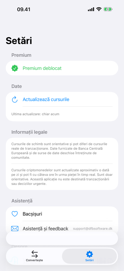 Ecranul de setări XChange